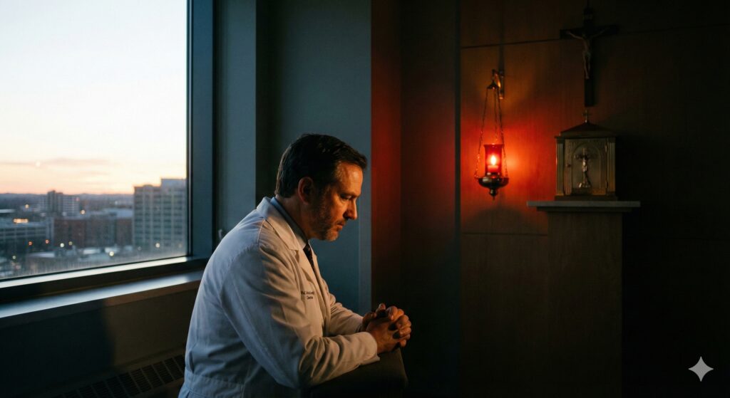 Bác sĩ Công giáo cầu nguyện trong thinh lặng bên ngọn đèn chầu đỏ - Minh họa truyện ngắn Nơi Ánh Đèn Không Bao Giờ Tắt